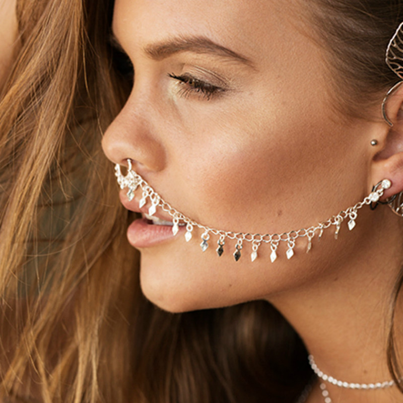 Body Jewelry Indian - Nose Ring Chain, Hanging Disc Hoop-Ear