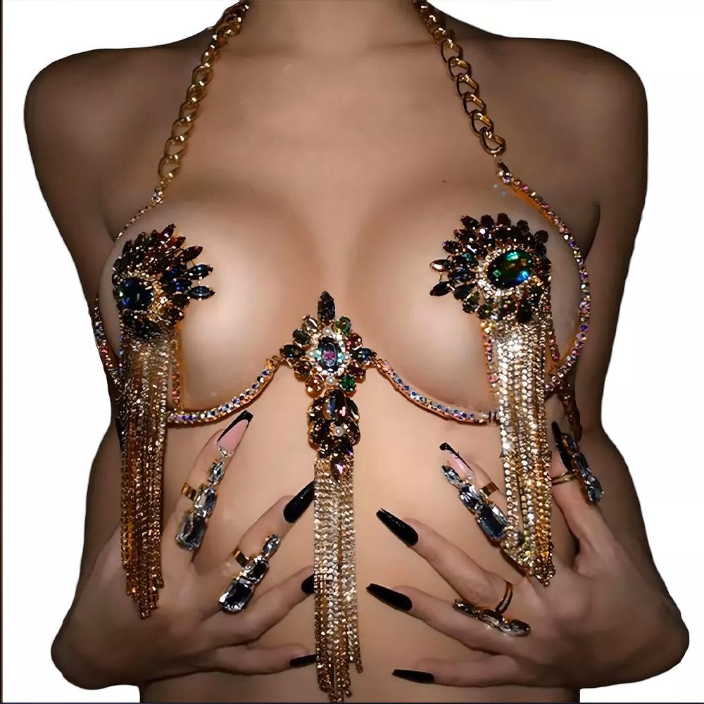 Sexy Tassel Color Crystal Ches - Body Jewelry Nipple Chain 评论和价格