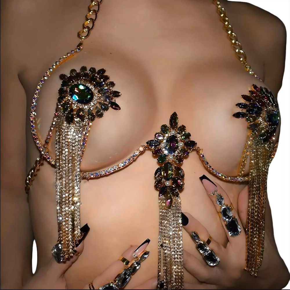 Sexy Tassel Color Crystal Ches - Body Jewelry Nipple Chain 评论和价格